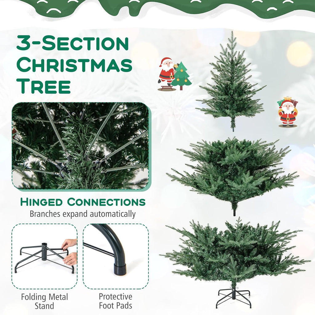 7 FT Pre-Lit Hinged Christmas Tree, Artificial Xmas Tree with 1102 Branch Tips, 350 Warm White LED Lights, 8 Lighting