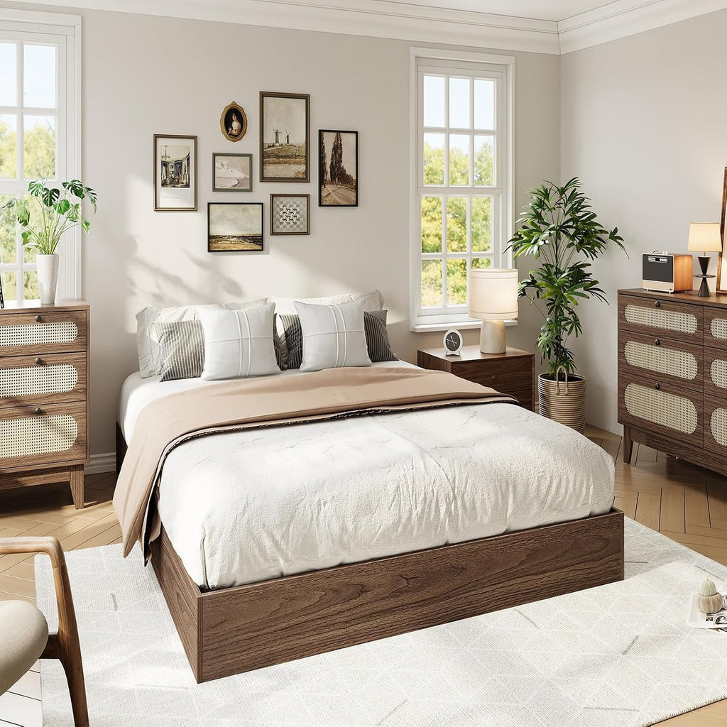 Wood Platform Bed Frame, Low Profile Floor Bed Frame with Wooden Slat Support, Minimalist Flat Bed Box