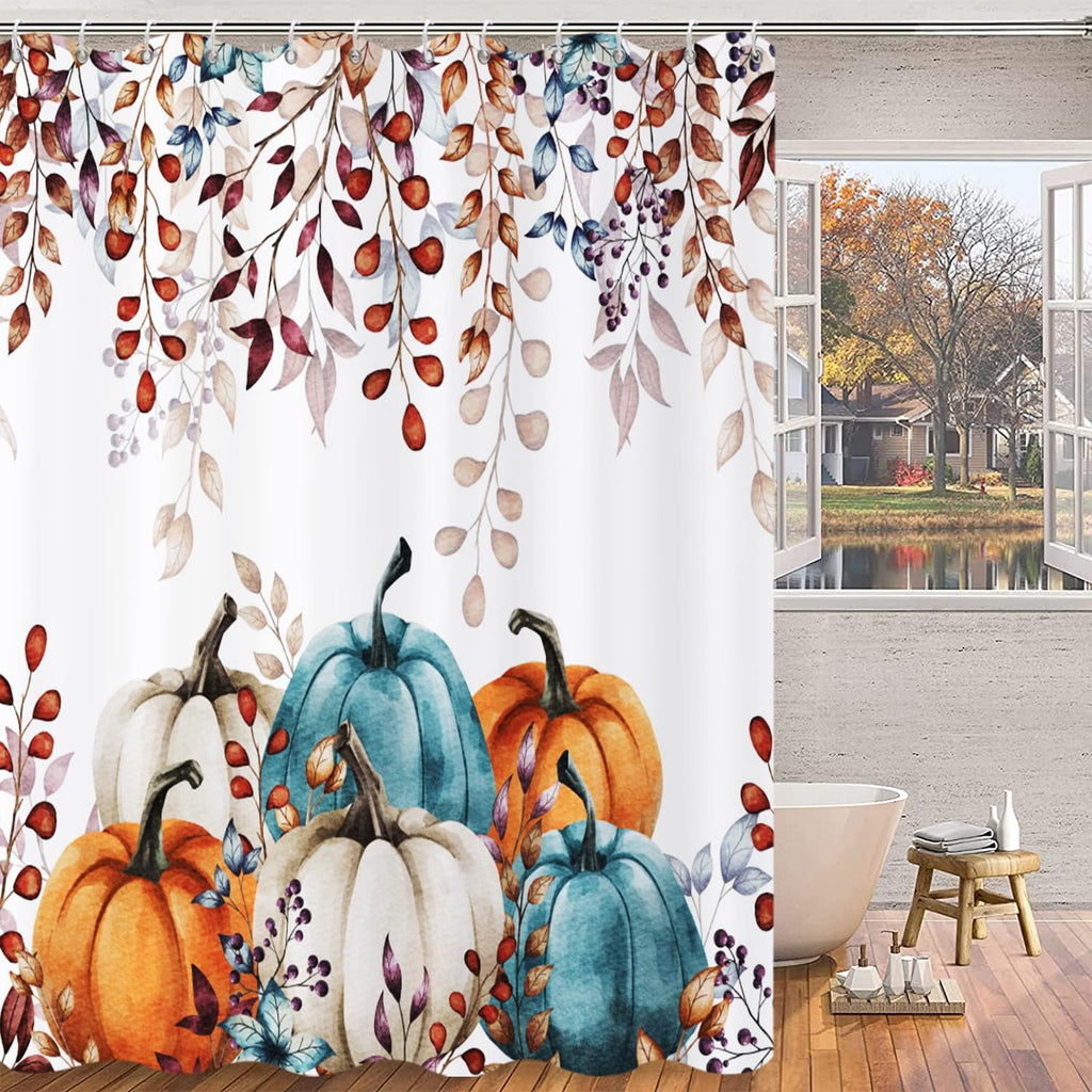 Fall Shower Curtain, Watercolor Autumn Leaves Pumpkins Harvest Fruits Thanksgiving Day Bathroom Curtain Waterproof