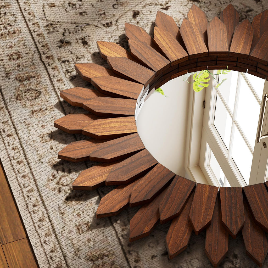20" Walnut Round Sunburst Wooden Mirror Boho Rustic Wall Decor