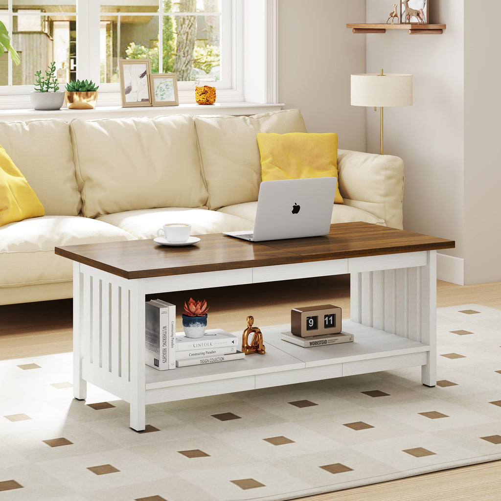 47.2" Farmhouse Coffee Table - Coffee Tables, Small Coffee Table with Storage, Center Table, White