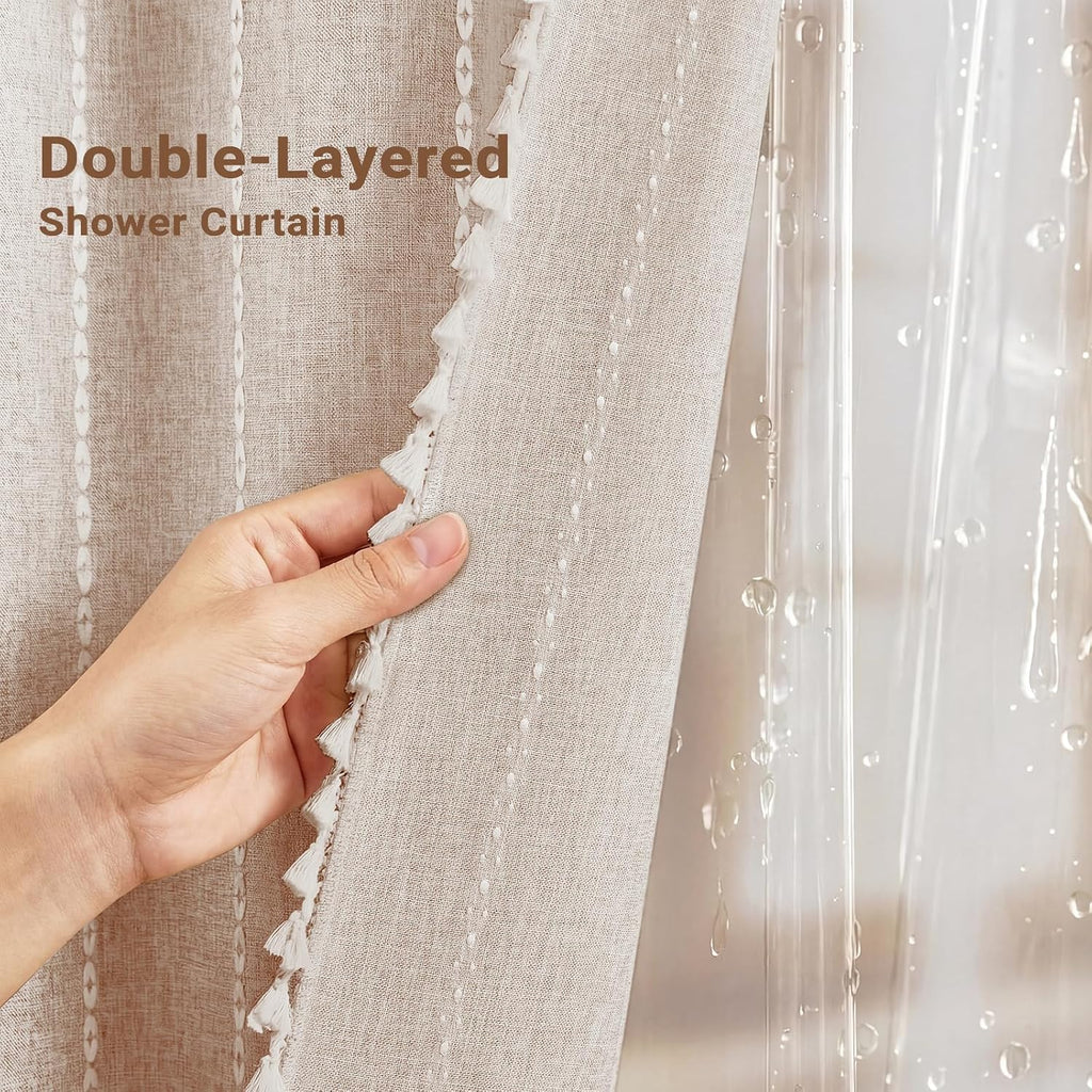 3 in 1 Tan Boho Linen Striped Shower Curtain with Liner, Taupe, 72x72 | Waterproof Clear PEVA Liner, 330GSM Heavy