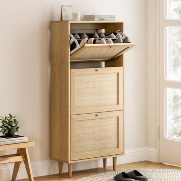 Rattan Shoe Cabinet Narrow Shoe Storage Cabinet with 3 Flip Drawers Hidden Freestanding Shoe Rack Organizer with Wood