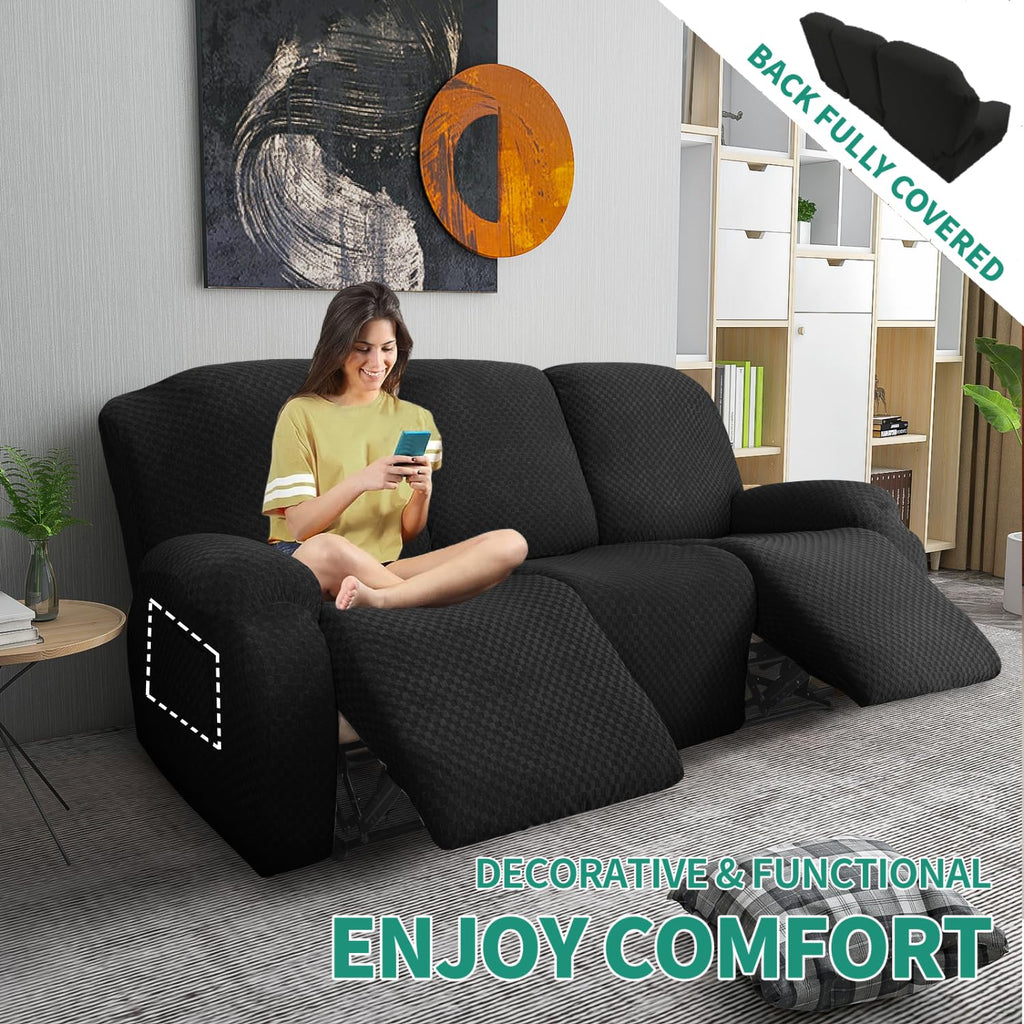 8 Pieces Stretch Recliner Sofa Cover Latest Jacquard Reclining Couch Cover with Side Pocket Anti-Slip Fitted 3