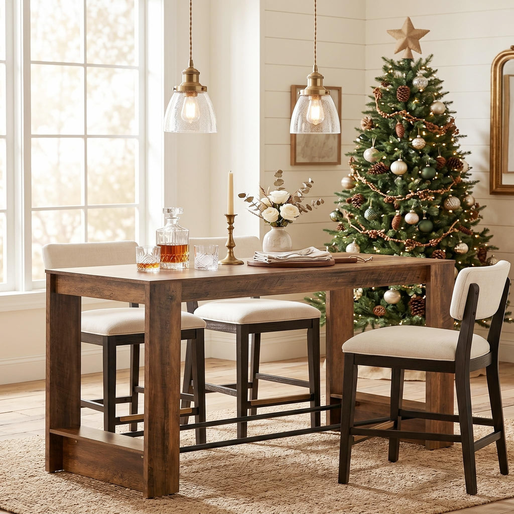 63'' High Top Long Bar Table, 37.4'' Counter Height Pub Table with Metal Footrests, Long Home Bar Unit, Bistro, or