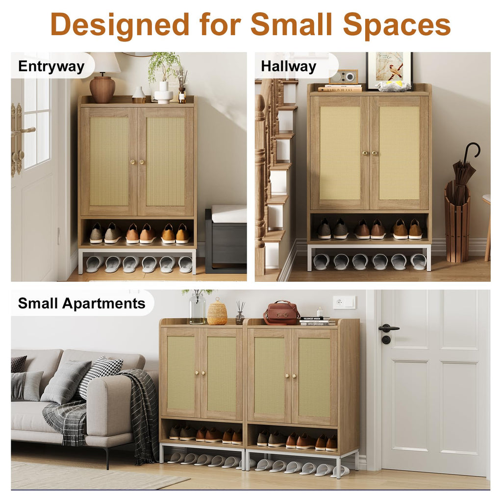 Shoe Cabinet, Rattan Shoe Rack Organizer with Doors
