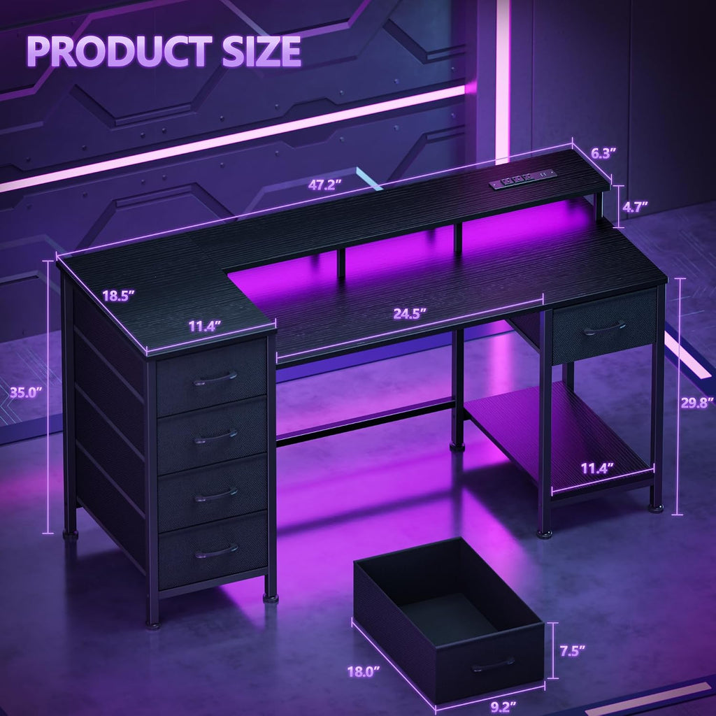 47 Inch Gaming Desk with Power Outlets and LED Lights, Reversible Computer Desk with 5 Fabric Storage Drawers, Home