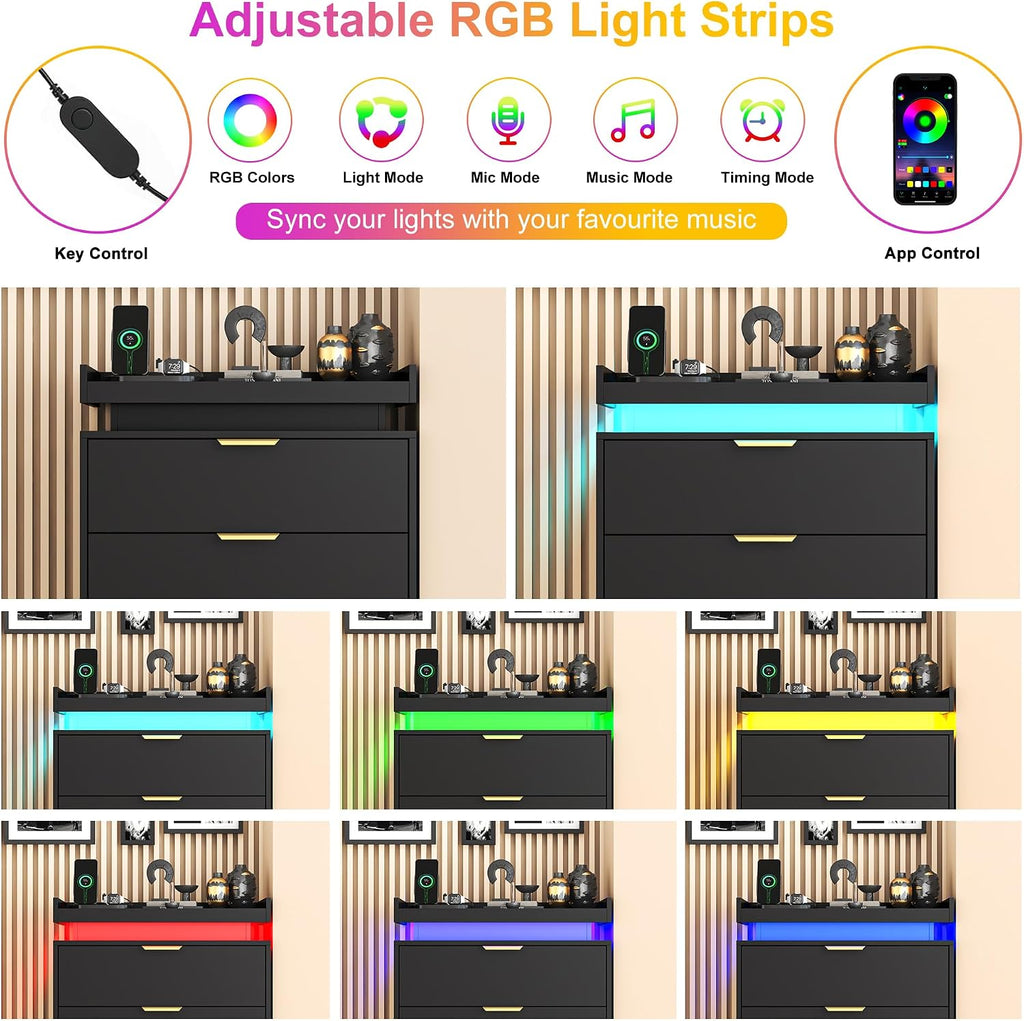Tall Dresser , Black Dresser with LED Lights, Wood 5 Drawer Chest with Power Outlet, Modern Chest of Drawers