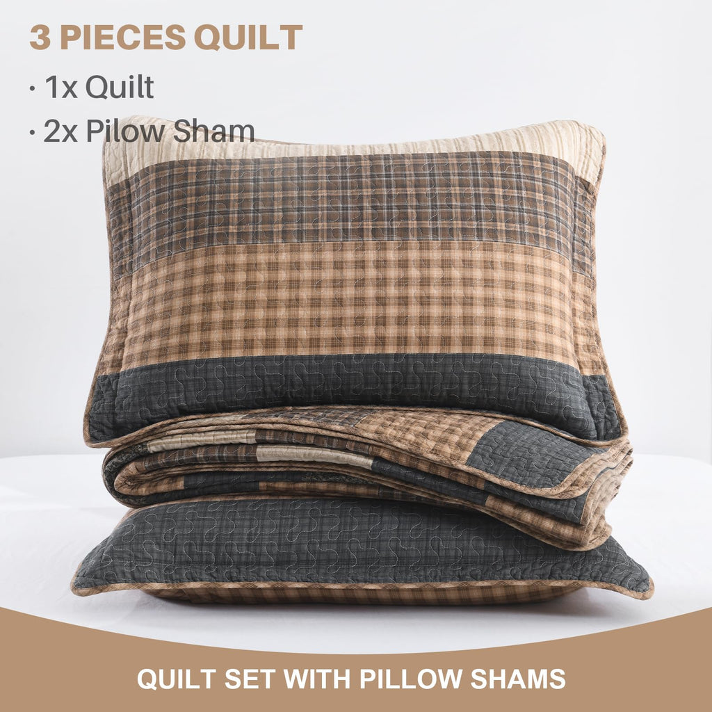 100% Cotton Farmhouse Quilt, Bedspread Set with Pillow Shams, Rustic Patchwork Striped Bedding