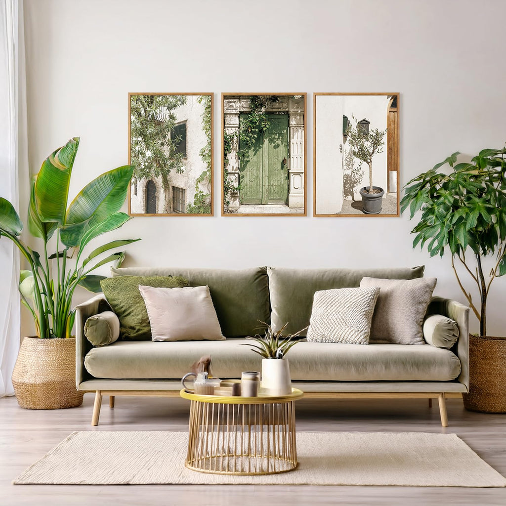 Vintage Italy City Landscape Framed Canvas Wall Set Of 3, Minimalist Country Wall Decor, Nature Green Olive Tree Wall