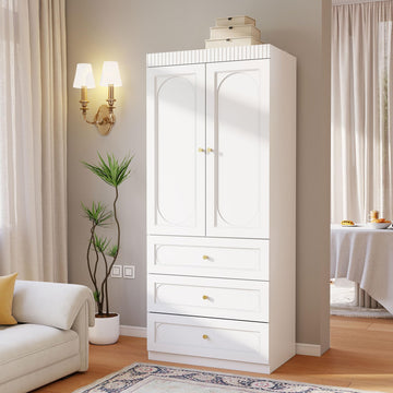 White Wooden Wardrobe Closet with 3 Drawers, 75" Tall x 32" Wide