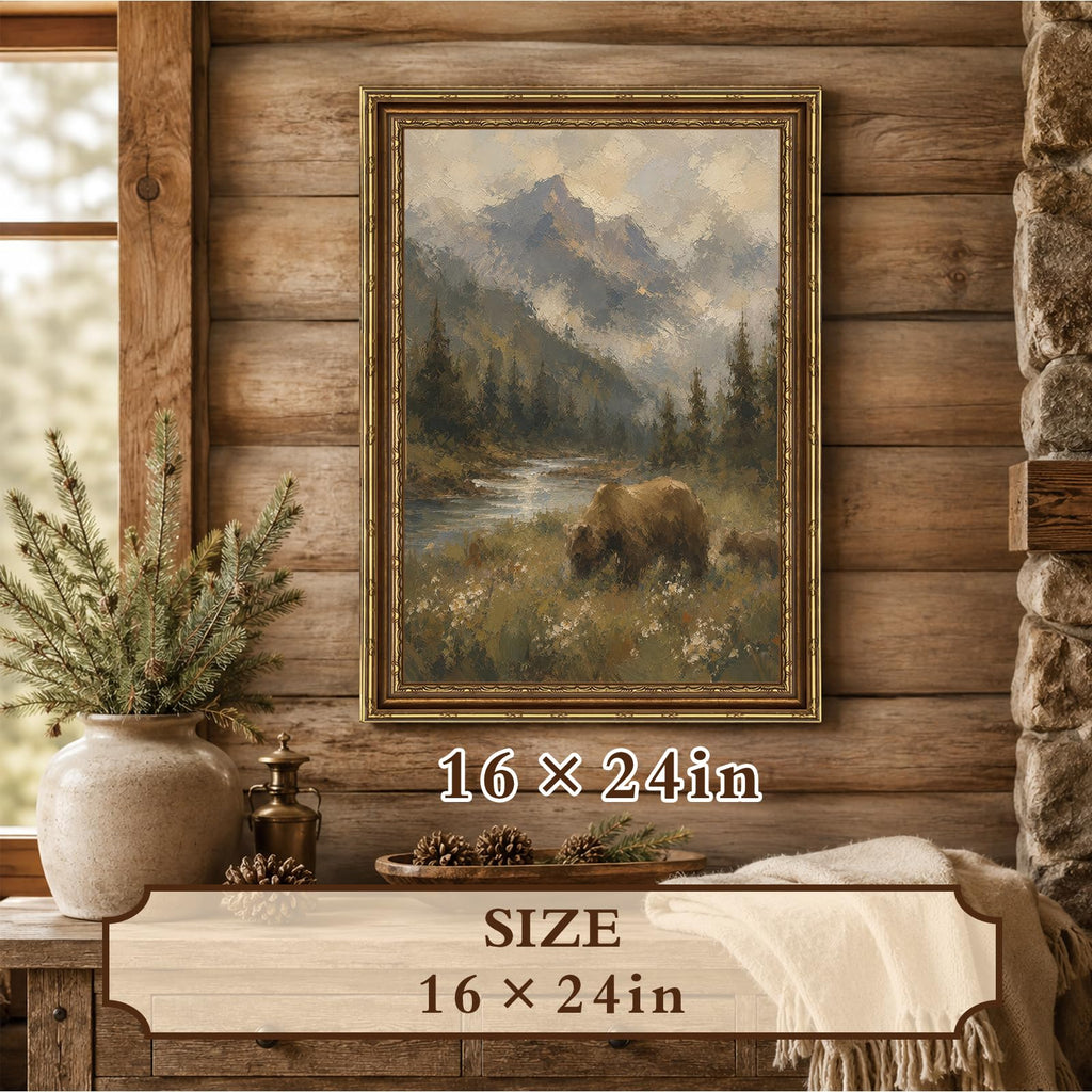 Brown Bear Mountain Forest Vintage Wildlife Animal Landscape Wall Art Print