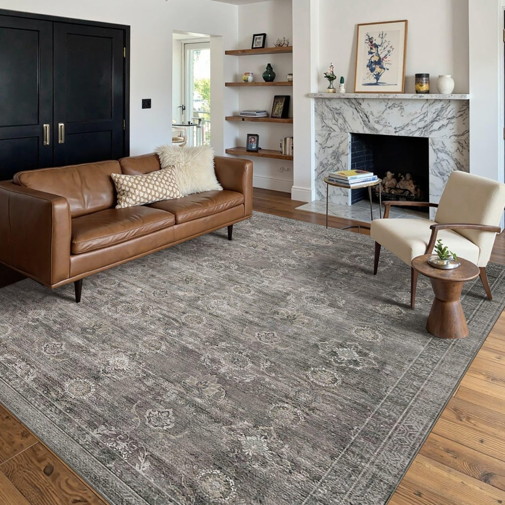 5x7 Washable Vintage Boho Area Rug, Low Pile Non-Slip Faux Wool Carpet Taupe Grey