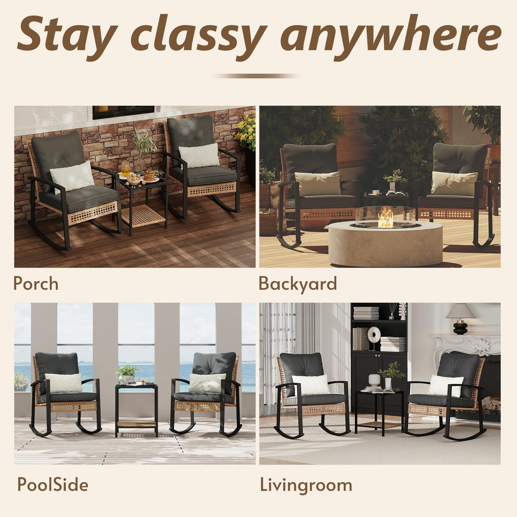 3 Piece Patio Rocking Chairs Set of 2, Outdoor Rocking Chair Bistro Set with Tempered Glass Coffee Table and Thick