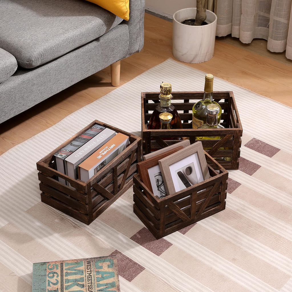 Nested Wooden Storage Crates Set of 3 (L, M, S), Rustic Wood Crate for Storage