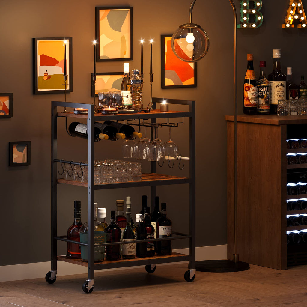Bar Cart with Wheels, Drink Cart with Wine Rack and Glass Holder