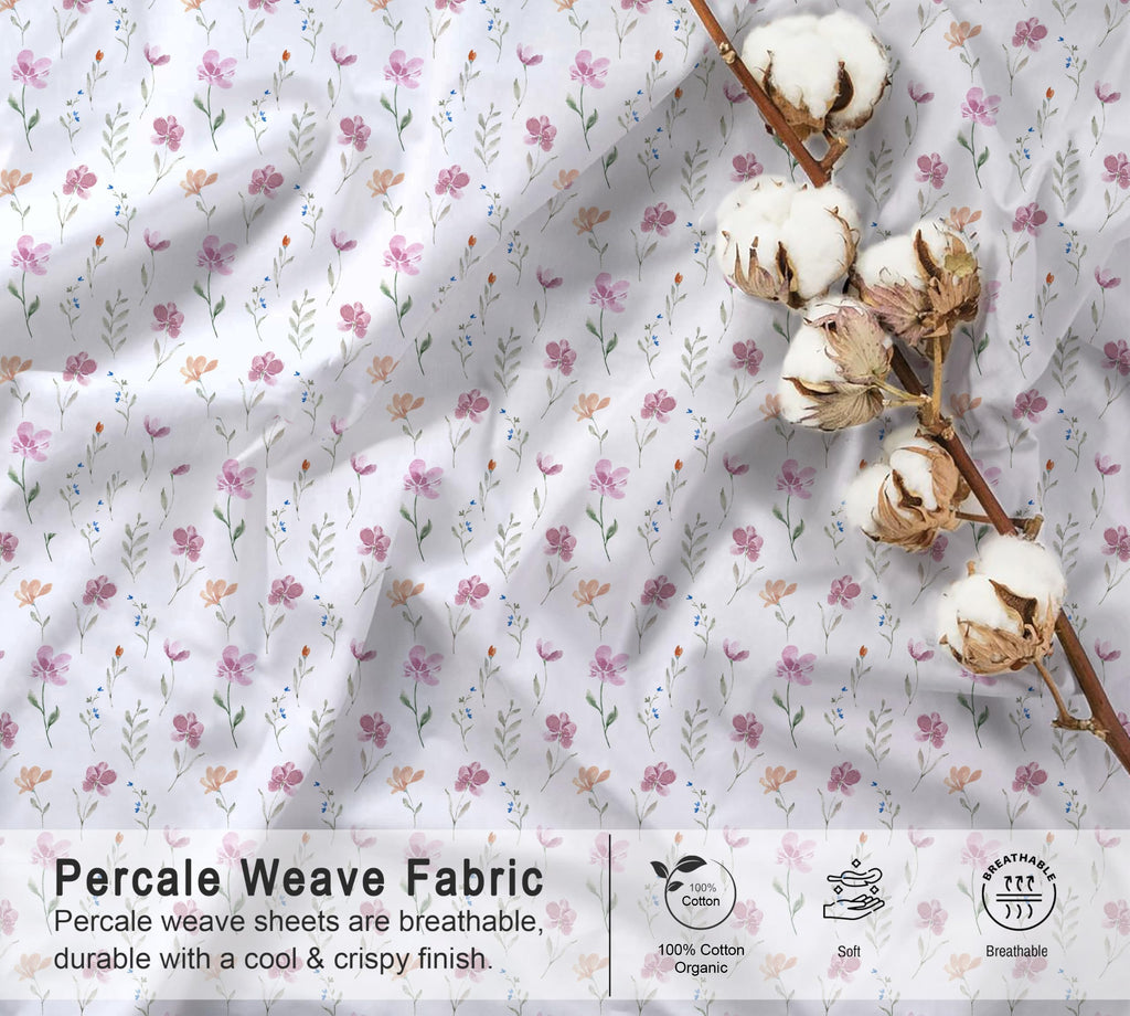 100% Cotton Organic Percale King Size Sheets Set, Obsessed Stems