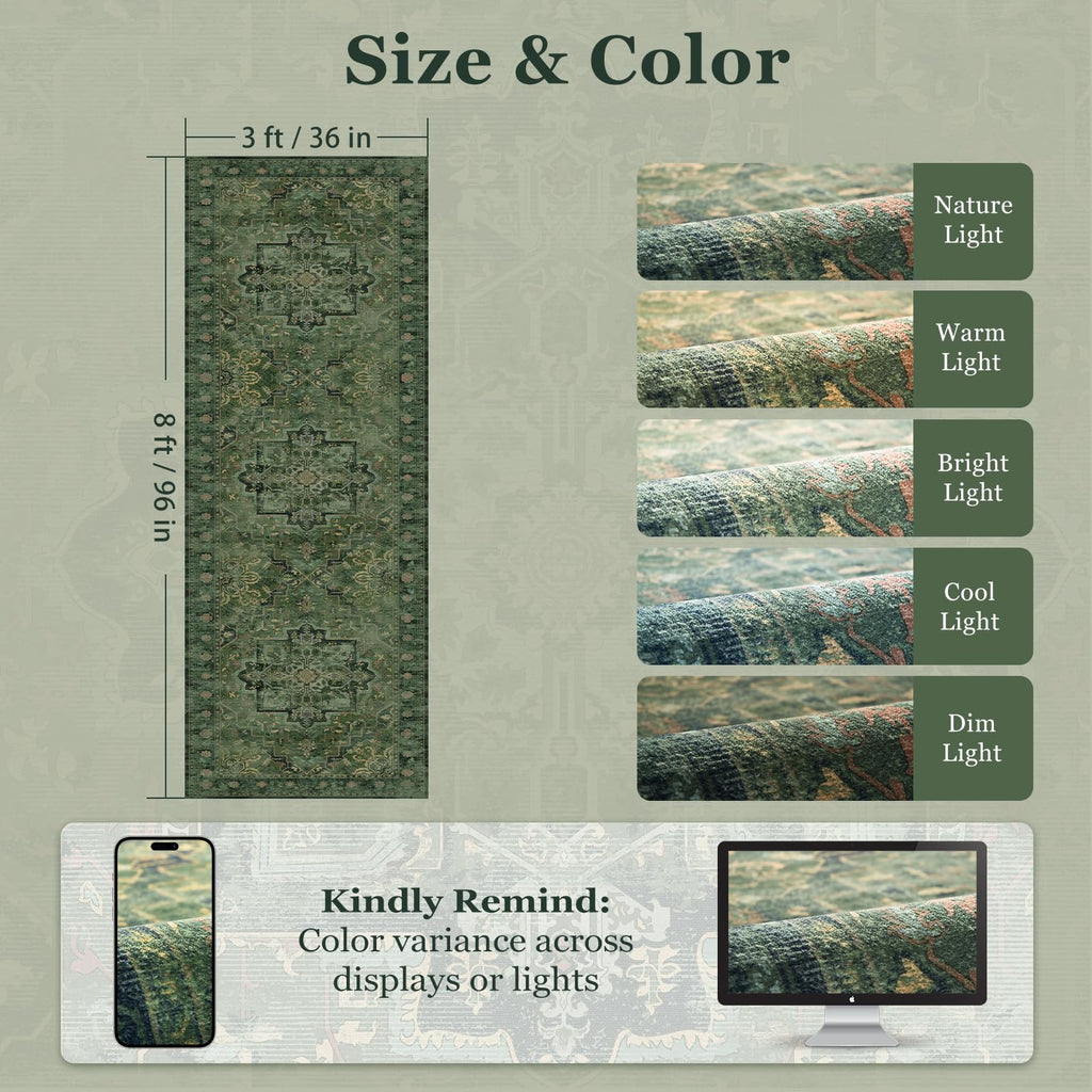 Retro Green 3x8 Rug Runners Non Slip, Distressed Medallion Carpet Runners 8ft, Low Pile Thin Runner Rug Non Slip
