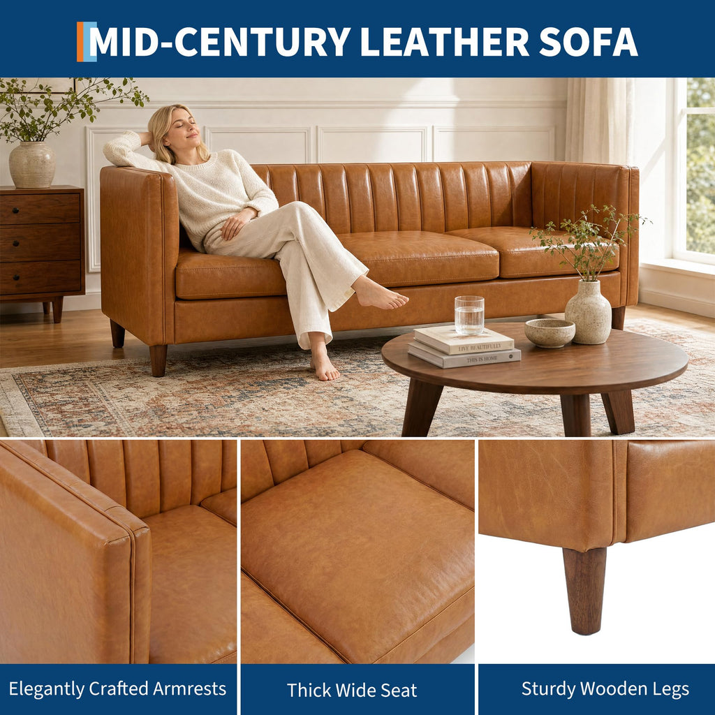 81" PU Leather Sofa, 3-Seater Couch, Cognac Tan