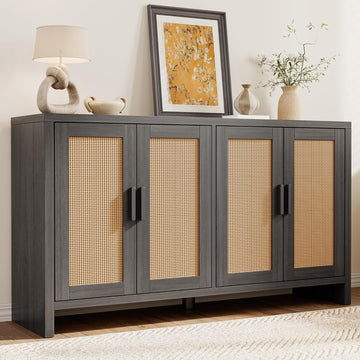 Rattan Buffet Cabinet with Storage, Sideboard with Doors, Console Table, Farmhouse Coffee Bar, Modern Wood Long