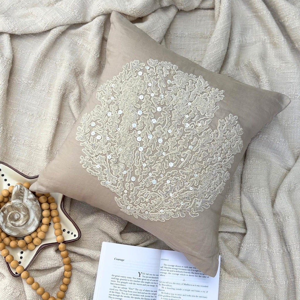 Mocha Shams Beaded Sea Weeds Sea Creatures Ocean & Beach Theme Pillow Shams Pack of 2 24x24 inch (60x60 cm) Square