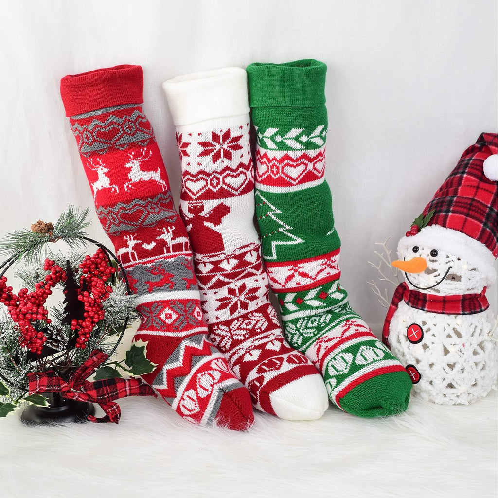 3 Pack Knit Christmas Stocking - 25 Inch Extra Long White and Burgundy Wool Christmas Stocking with Reindeer and