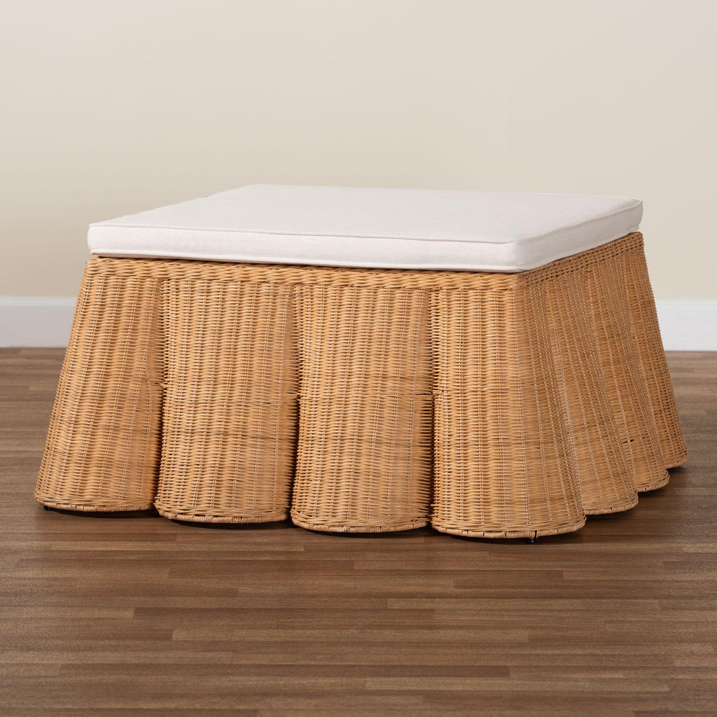 Palm Scallop Natural Rattan Ottoman with Cushion - Handwoven Wicker Accent Bench or Footrest, or Sunroom Decor