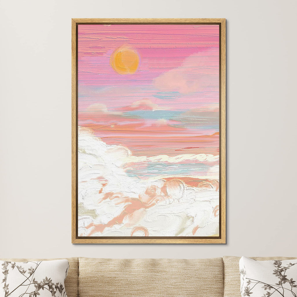 Framed Canvas Print Wall Art Pastel Watercolor Pink Sunset Cloud Nature Wilderness Illustrations Modern Art Vibrant