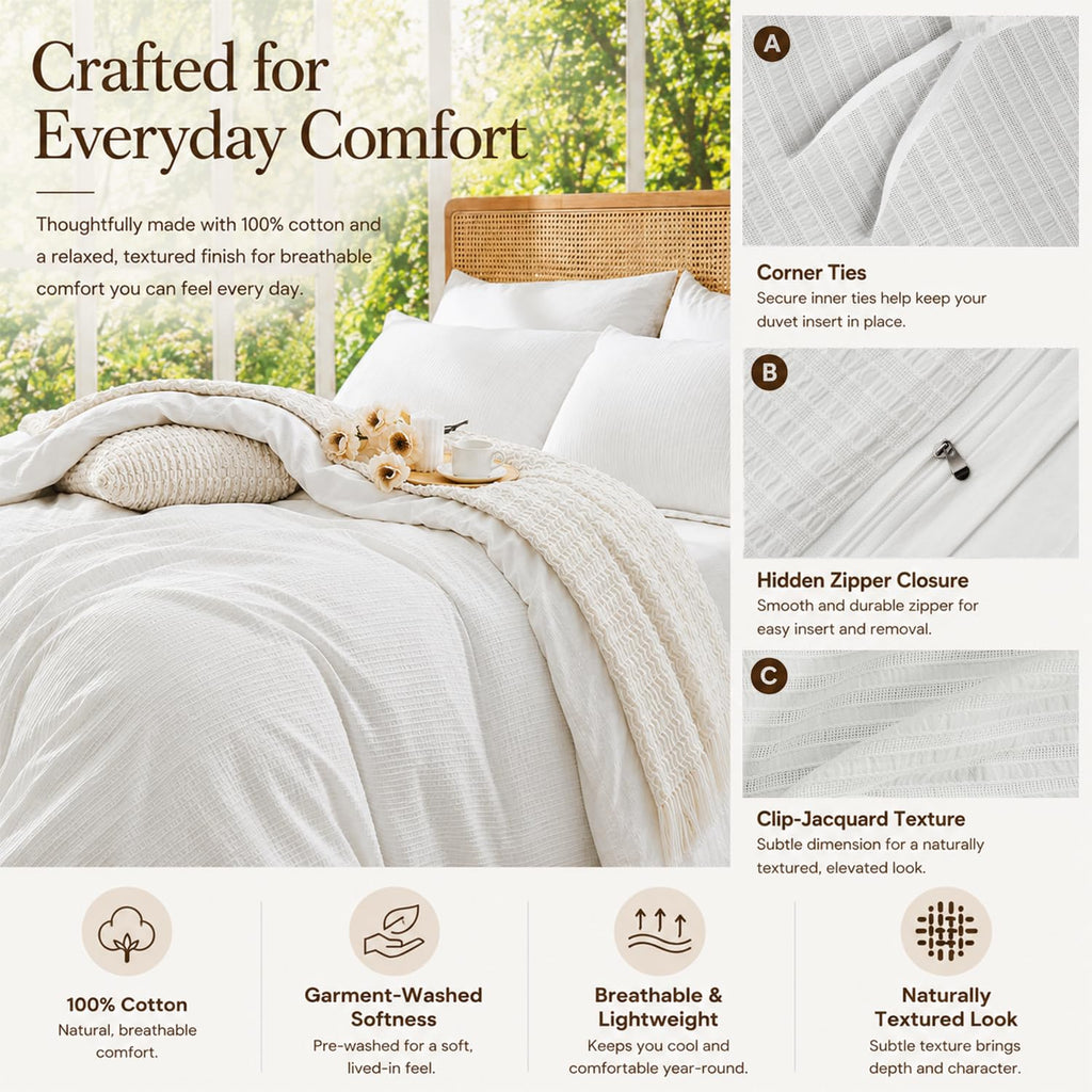 100% Washed Cotton Textured Striped Duvet Cover - Soft Breathable Lightweight Jacquard Bedding Set 3 Pieces