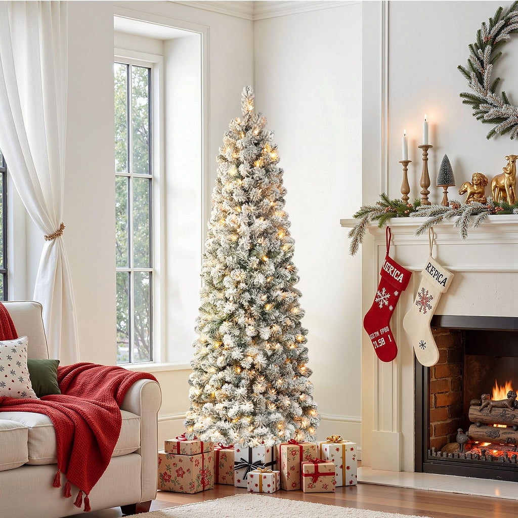 5ft Prelit Snow Flocked Artificial Slim Pencil Christmas Tree