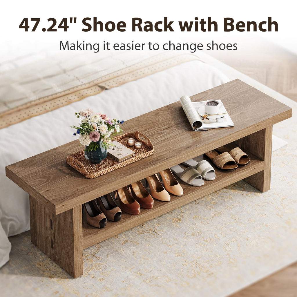 47" 2-Tier Wooden Entryway Bench with Shoe Storage, Oak Color