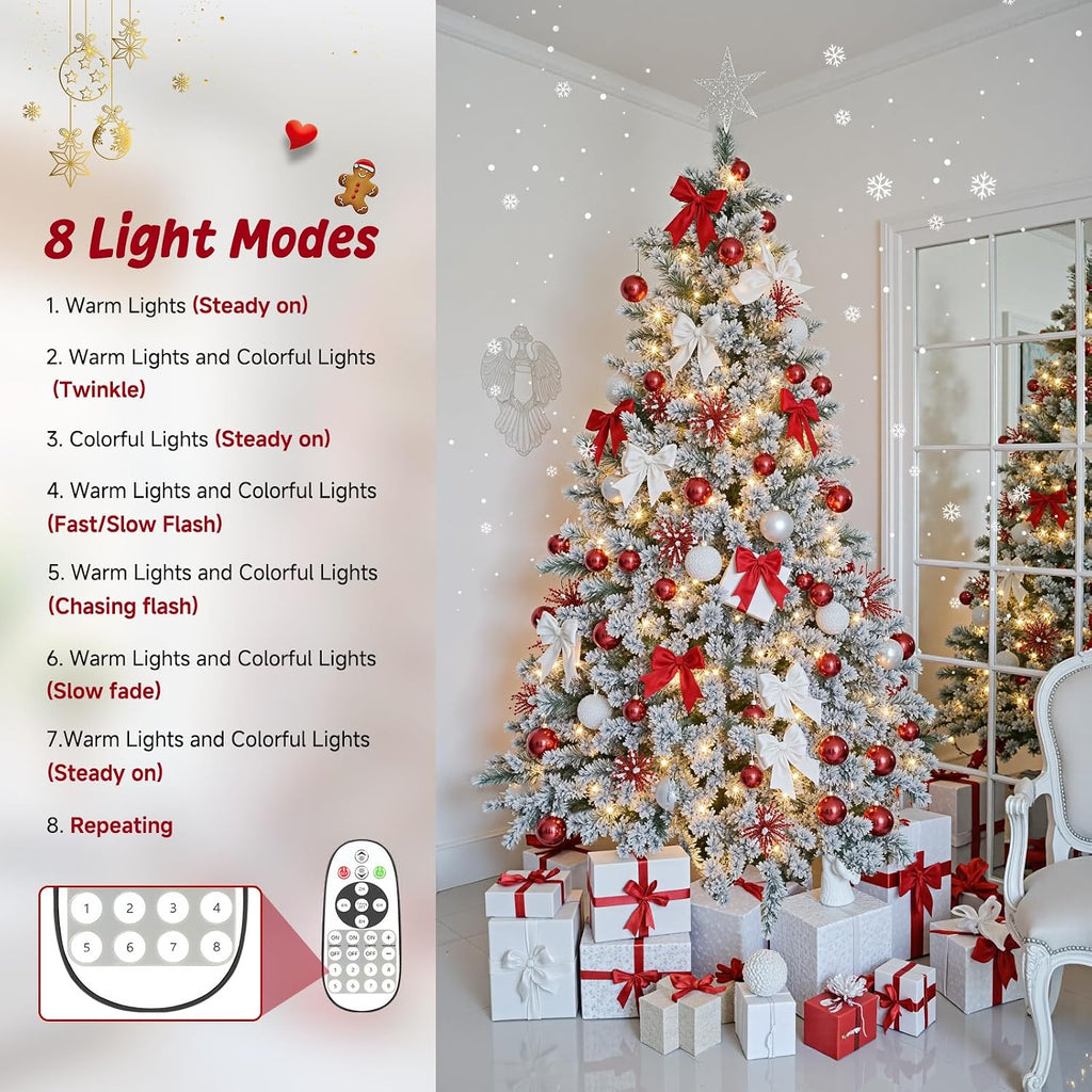 9ft 360° Rotating Pre-Lit Snow Flocked Christmas Tree, Built-in Music, Remote Control, 8 Light-Modes, White Christmas