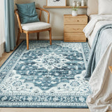 5x7 Washable Vintage Boho Area Rug, Soft Non-Slip Carpet for Living Room Bedroom Blue