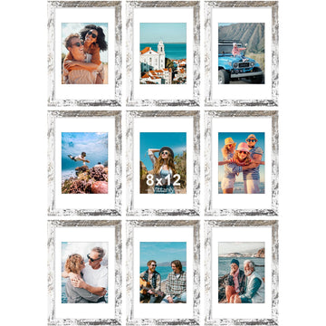 8x12 Picture Frames Set of 9, Wall & Tabletop, Distressed White