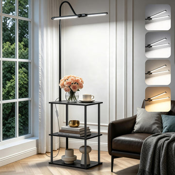 LED Floor Lamp with Table, 18W Bright Reading Floor Lamp, Narrow Side Table with Dual Head Goose-Neck, Adjustable