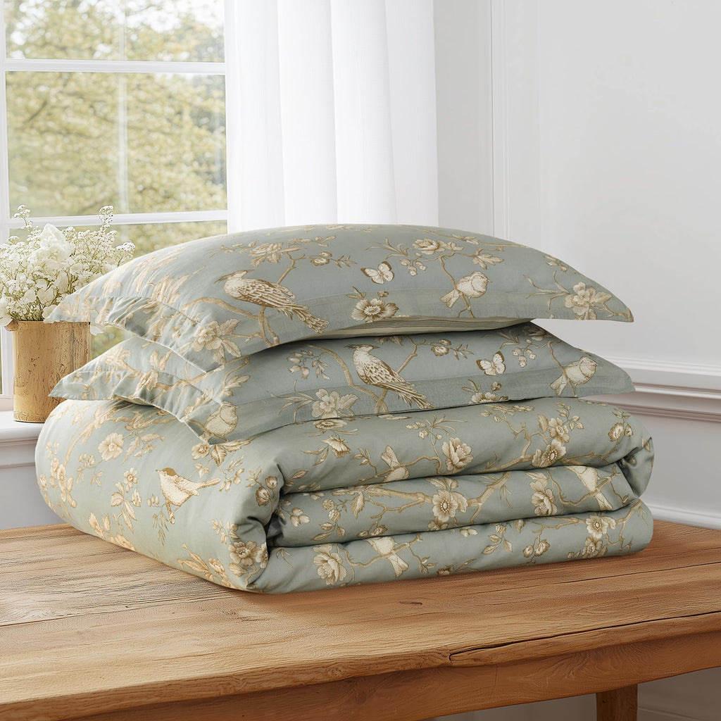Lyon Teal Duvet Cover Set - Duvet (106x94in) and 2 Shams (20x36in) - Toile Bird Floral Design - Teal