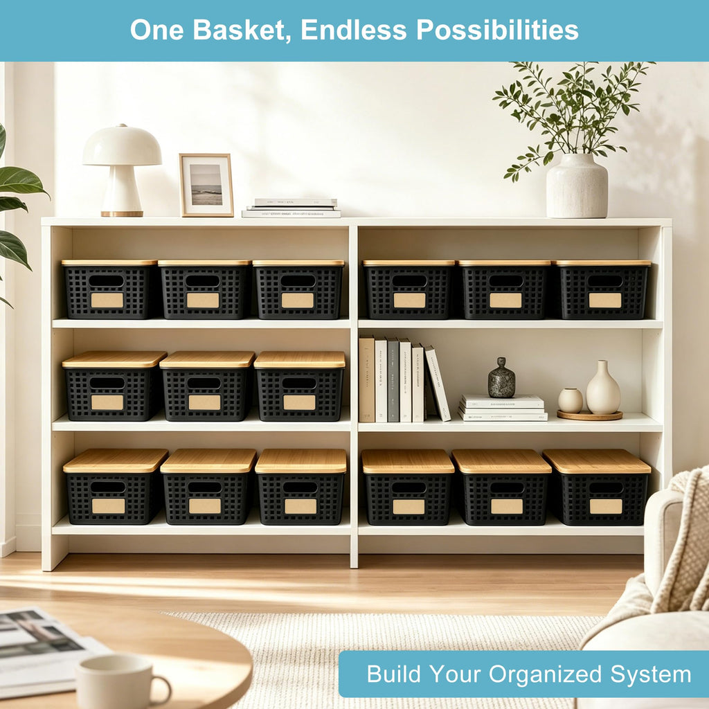 Small Plastic Storage Bins with Bamboo Lids 5.2qt Stackable Box Basket Pantry Decorative Containers Cute with Lable
