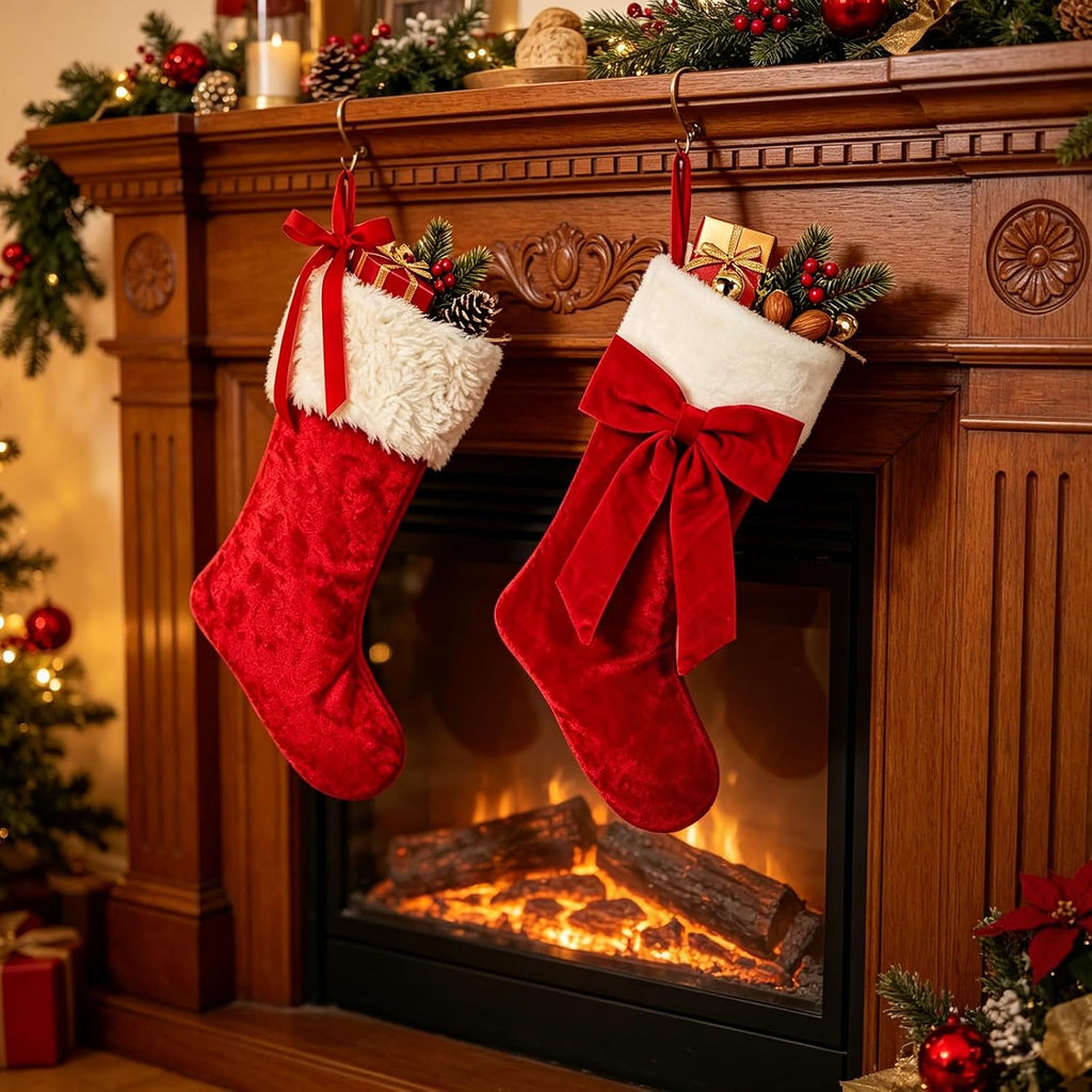 18" Red Velvet Christmas Stockings 2 Pack, Fluffy Faux Fur Mantel Decor