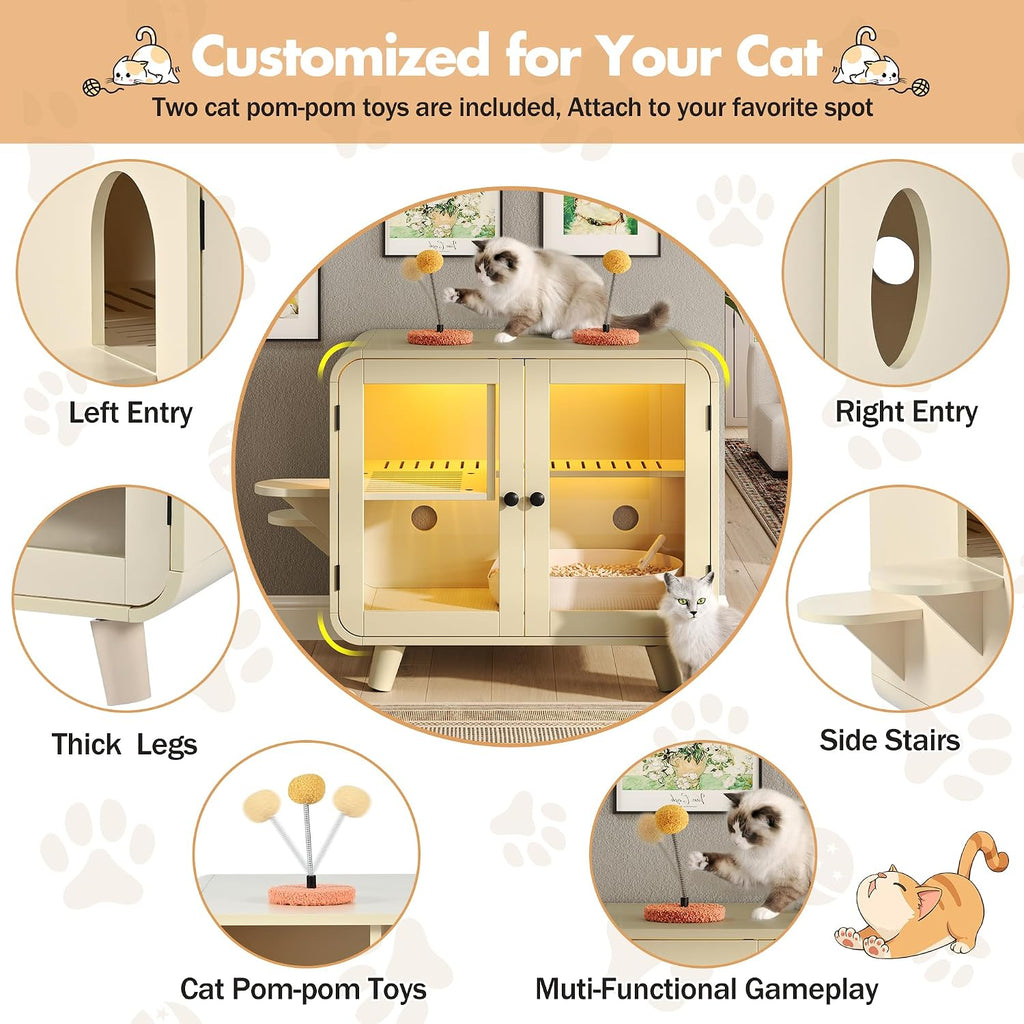 Cat Hidden Litter Box Enclosure with RGB LED Light, TV-Style Cat Litter Box Furniture Cabinet with Glass Doors, Side