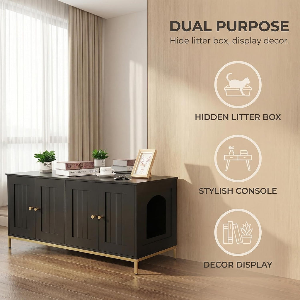 47.2" L Cat Litter Box Enclosure for 2 Cats, Black and Gold