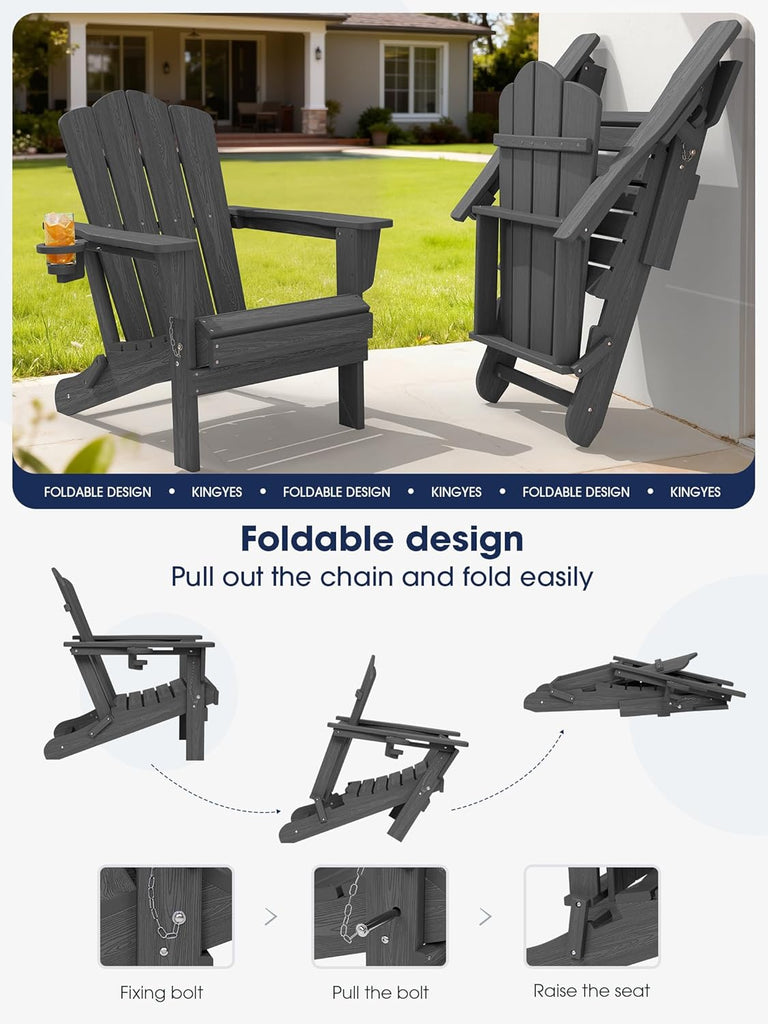 Folding Adirondack Chair with Cup Holder, Grey | HDPE All-Weather Patio Chairs, Wooden Textured Lawn Chair for