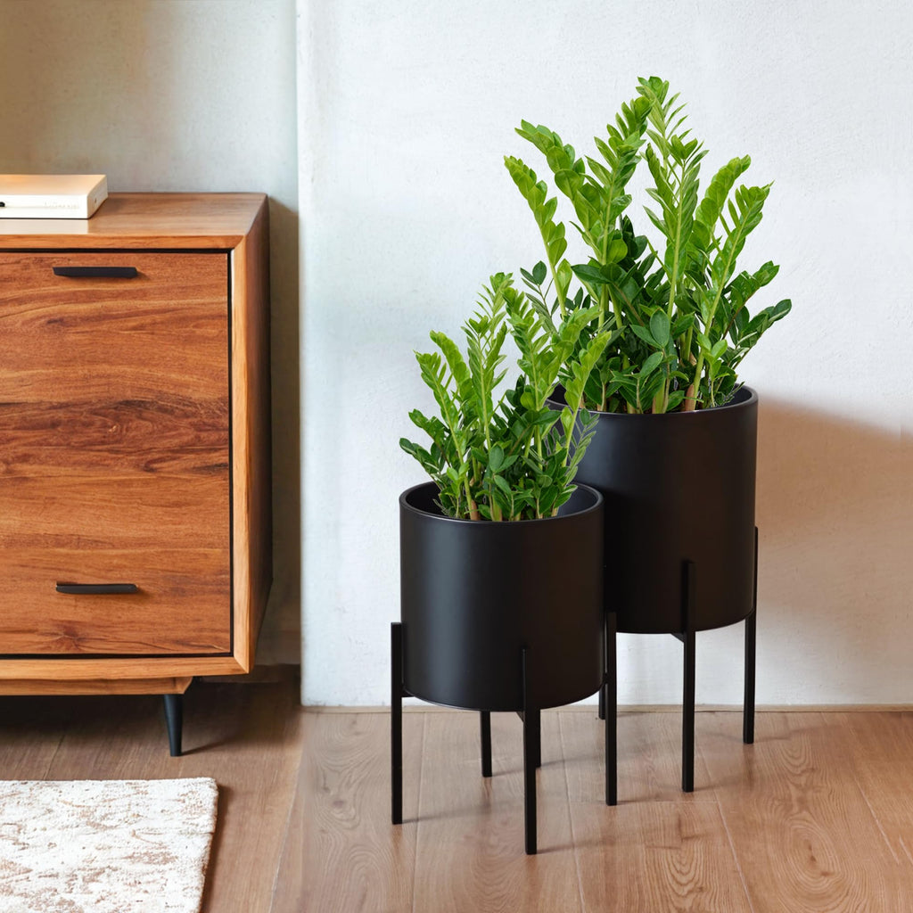 Modern Plant Pots, Large Planters with Stand, Set of 2 Decorative Planters, Metal Plant Pots with Drainage Holes