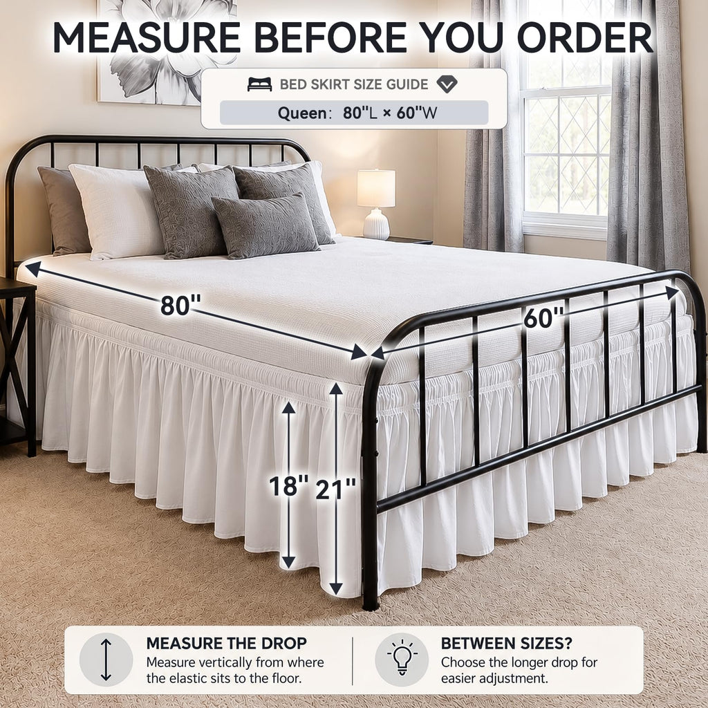 Queen Bed Skirt 21 Inch Drop, Elastic Wrap Around with Split Corners