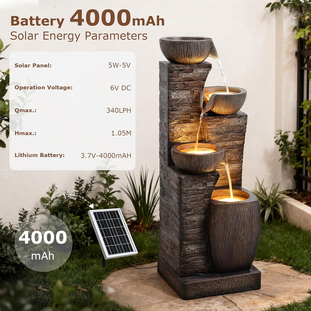 38.2" Tall Solar Powered Water Fountain,4 Tiers Modern Cascading Bowls and Stacked Stones Solar Fountains with LED