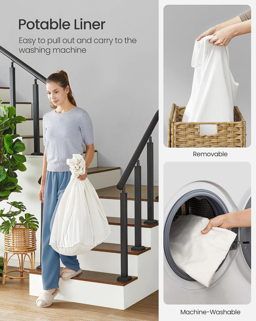 Laundry Hamper with Lid, 42.3 Gallons (160 L), Rolling Laundry Basket with Wheels, 3-Section Synthetic Rattan
