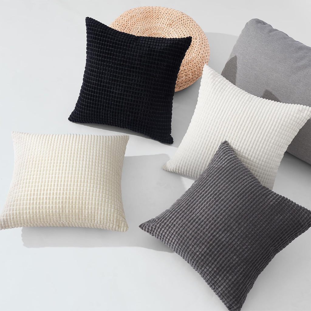 Black and White Couch Pillow Covers 45x45 cm Set of 4, Mid Century Modern White Neutral Corduroy Corn Throw