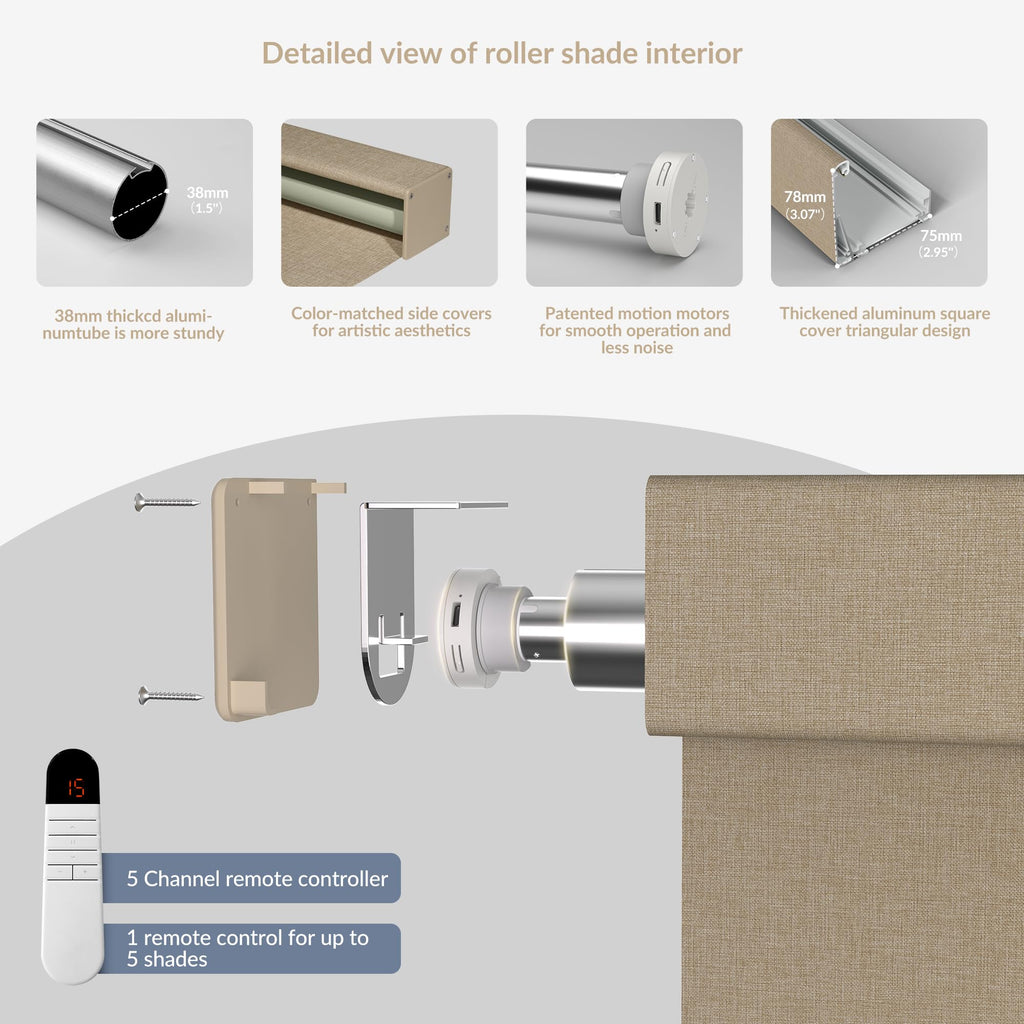 Motorized Roller Blinds with Remote Control, Blackout Linen Fabric Automatic Roller Shades for Windows, Rechargeable