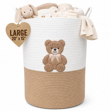 Teddy Bear Baby Laundry Basket, Tall Woven Rope Nursery Hamper, 20x15 in