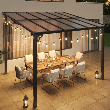 10' x 12' Gazebo for Patio, Gazebo Pergola with Sloped Roof, Large Wall-Mounted Heavy Duty Awnings, and LED Outdoor Waterproof Hanging Lights, for Backyard, Deck, Patio
