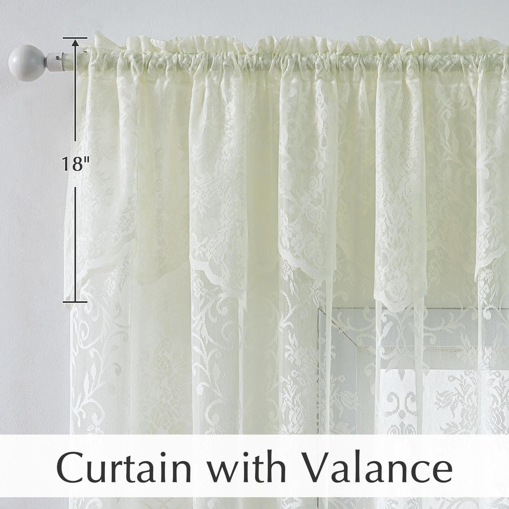 Cream Lace Curtains with Valances 84 Inches Long 2 Panels, Vintage French Floral Embroidered Semi Sheer Drapes Rod